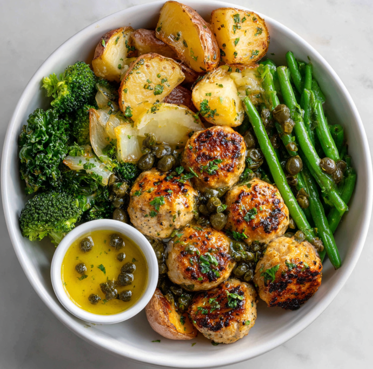 For Pros: Zesty Piccata Bowl with Chicken Piccata Meatball, Roasted Potatoes, Spinach, Broccoli, Green Beans, Garlic, Parsley, Lemon Zest, Lemon Caper Sauce
