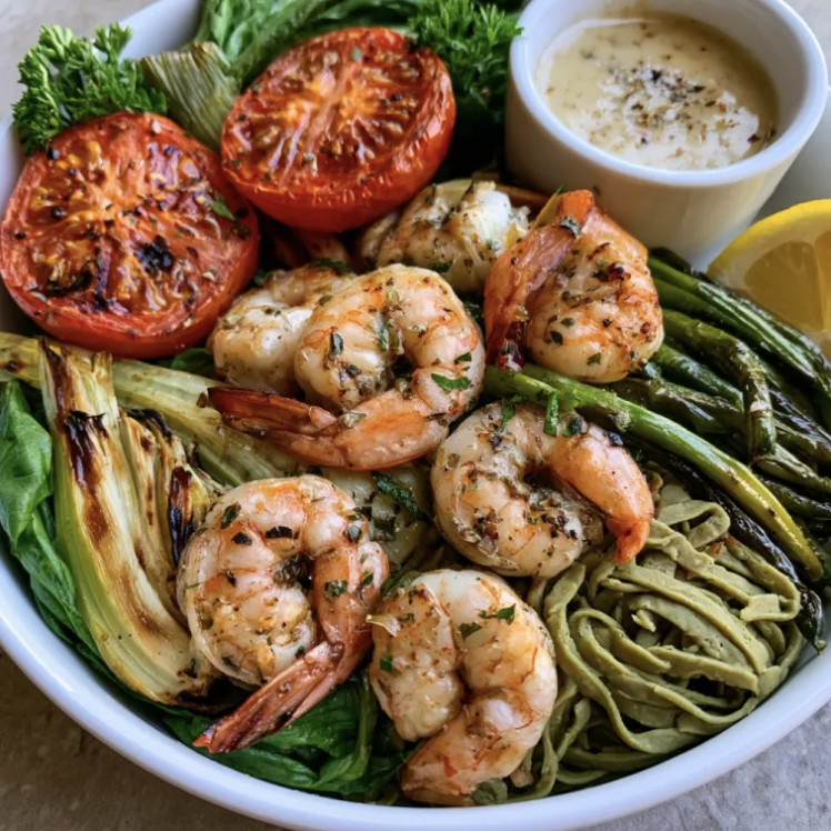 Lemon Scampi Bowl with Garlic Herb Shrimp, Edamame Pasta, Green Beans, Tomatoes, Celery, Spinach, Fennel, Parsley, Lemon, White Wine Dijon Scampi Sauce