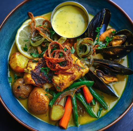For Pros: Golden Coast Bowl with Saffron-Orange White Fish and Mussels Stew, Potatoes, Fennel, Carrots, Leeks, Green Beans, Parsley, Lemon Zest, Crispy Shallots, Citrus Fennel Yogurt Sauce