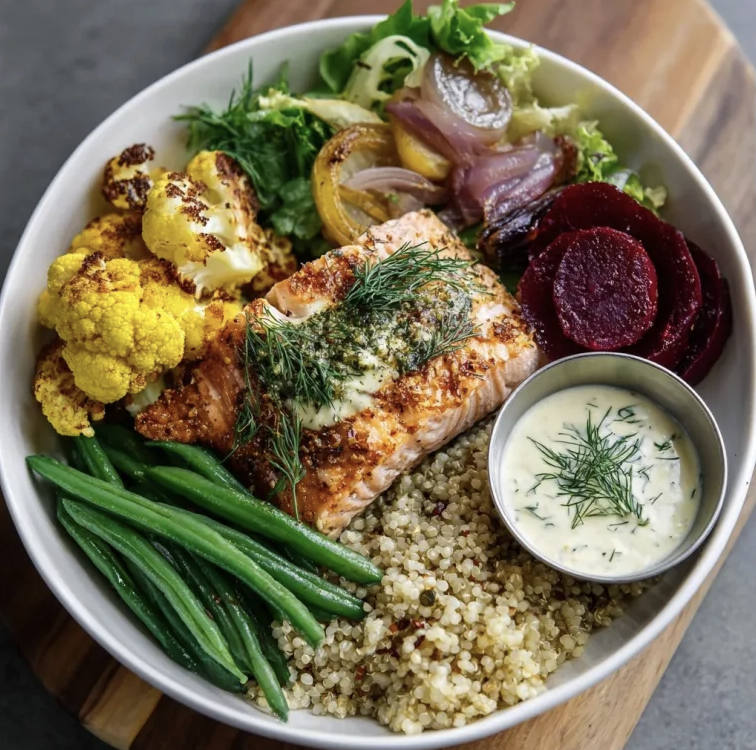 For Pros: Nordic Citrus Bowl with Dill Mustard Salmon, Sorghum, Beets, Green Beans, Turmeric Roasted Cauliflower, Frisée, Dill, Pickled Shallots, Dill Yogurt Sauce