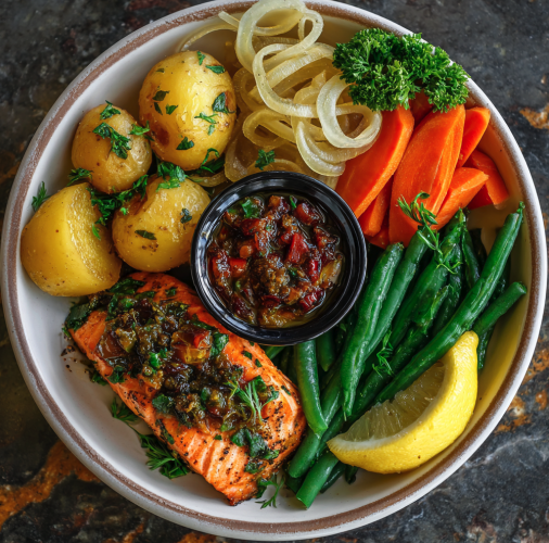 For Pros: Heart Health Bowl with Salmon Provençal, Thyme Roasted Gold Potatoes, Green Beans, Carrots, Steamed Spinach, Holland Leeks, Parsley, Lemon Wedge, Provençal Tomato Olive Relish