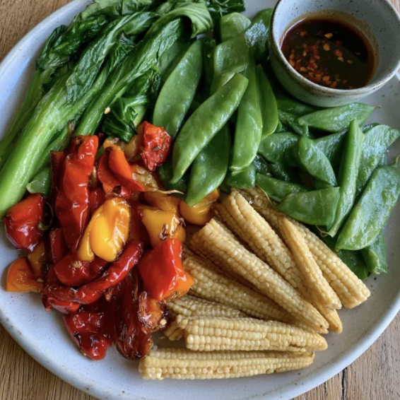 For Pros: Square Fare Plate of Steamed Yu Choi, Steamed Snap Peas, Raw Baby Corn, Roasted Peppers, Kung Pao Glaze