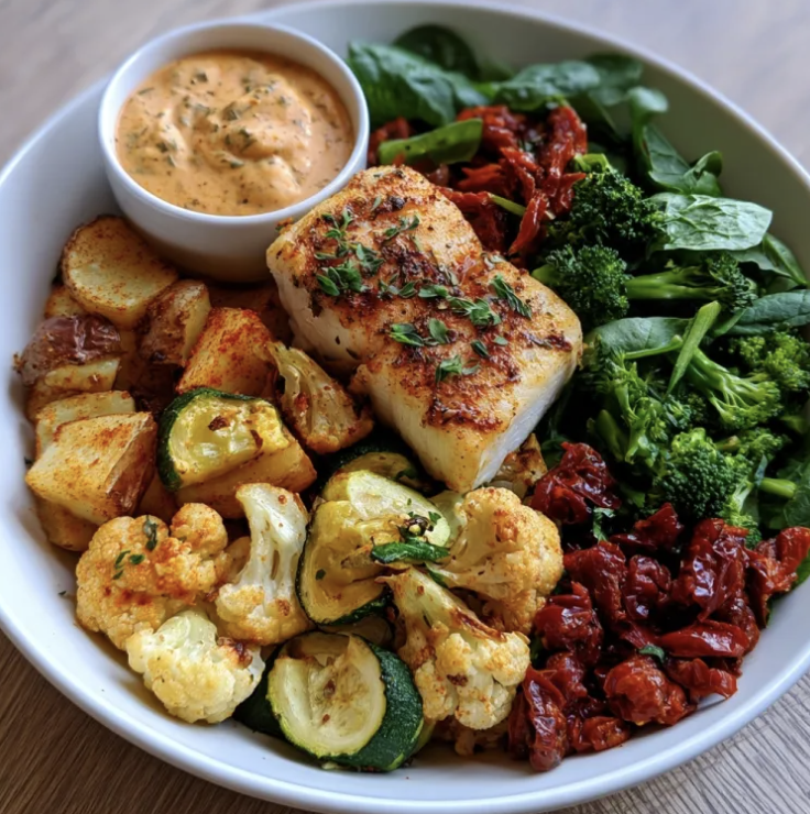 Marry Me Bowl with Marry Me Cod, Paprika Spiced Roasted Potatoes, Zucchini, Cauliflower, Broccoli, Spinach, Sun-Dried Tomatoes, Oregano, Creamy Sun-Dried Tomato & Basil Sauce