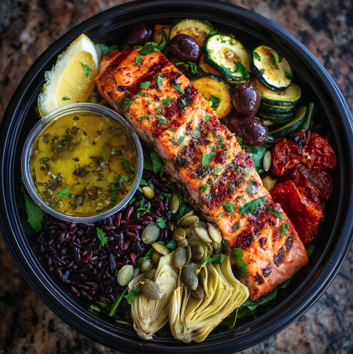 For Orca: Mediterranean Summer Bowl with Grilled Salmon, Black Rice, Roasted Tomatoes, Zucchini, Artichoke Hearts, Spinach, Preserved Lemon Vinaigrette, Kalamata Olives, Pumpkin Seeds, Parsley