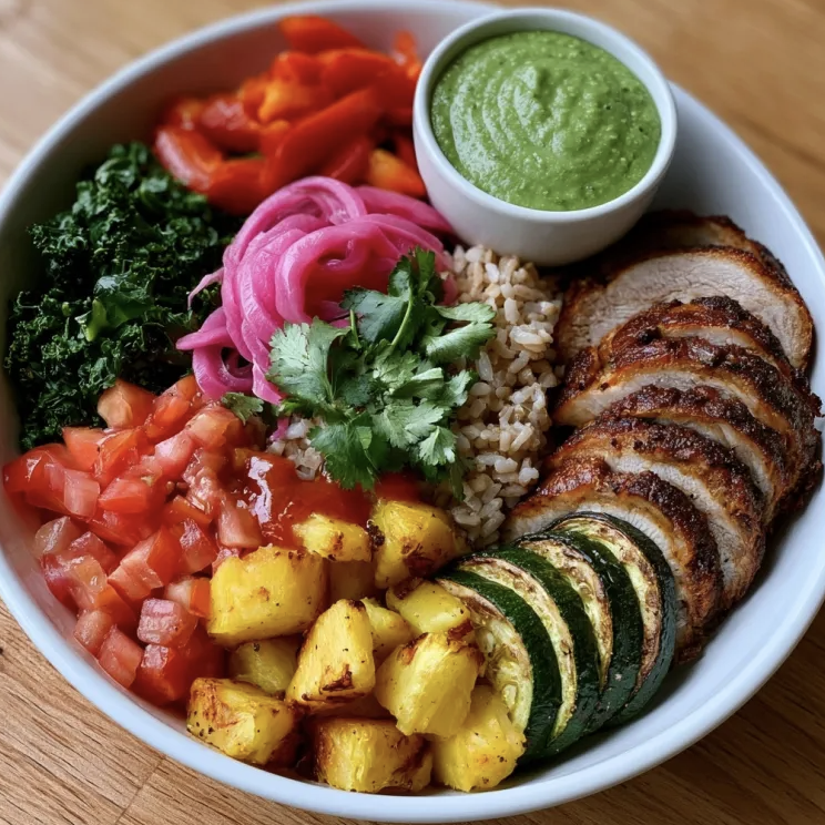 Baja Burrito Bowl with El Pastor Roasted Pork, Brown Rice, Zucchini, Tomatoes, Kale, Peppers, Pineapple, Pickled Red Onions, Cilantro, Hot Sauce, Avocado Cilantro Sauce