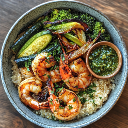 For Orca: Shrimp & Grits Bowl with Cajun-Spiced Shrimp, Quinoa, Caramelized Onions, Fennel, Roasted Broccolini, Zucchini, Chimichurri Dressing, Scallions, Thyme, and Crispy Shallots