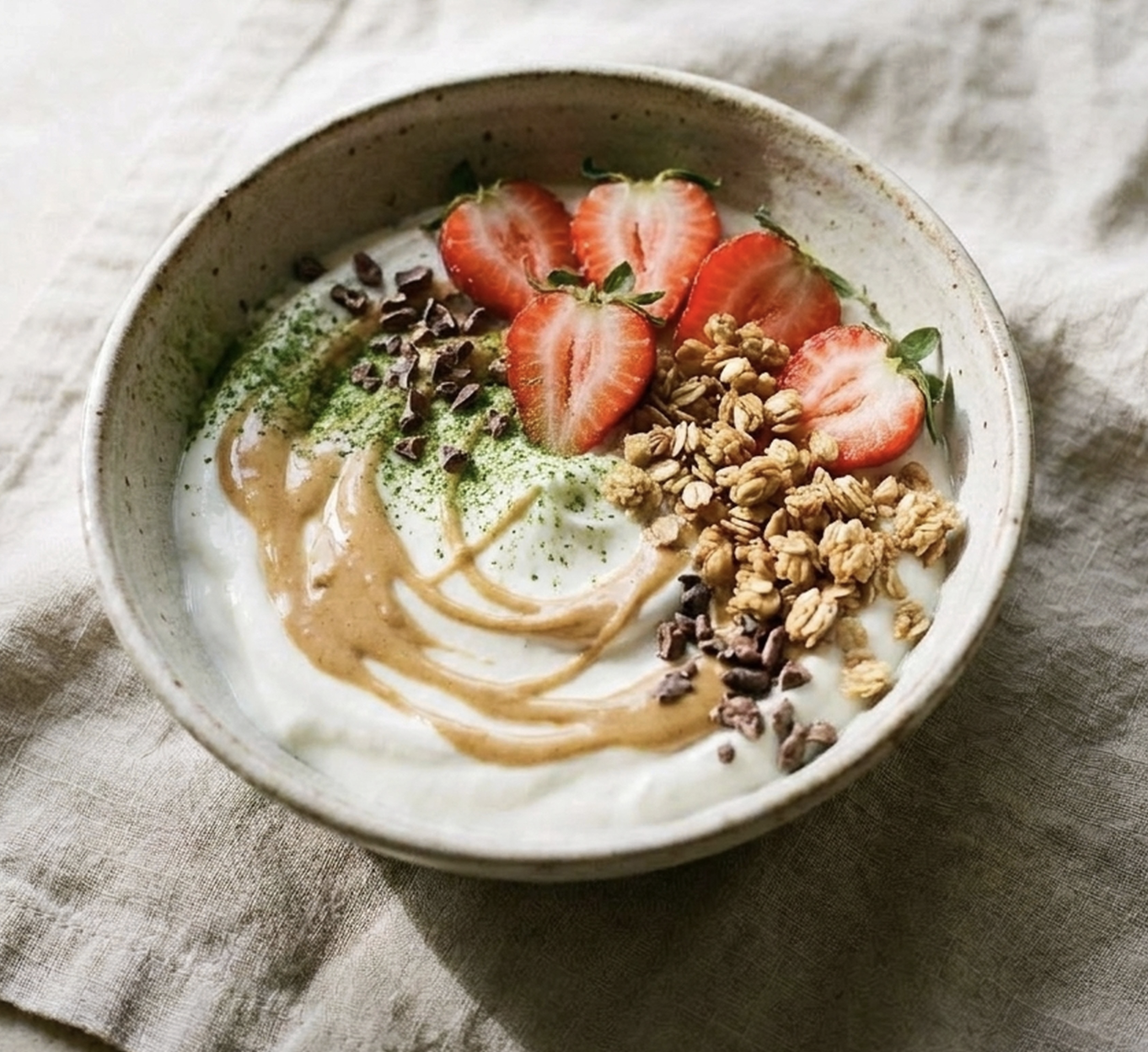 For Pros: Matcha Yogurt Bowl with Strawberries, Cocoa Nibs, Peanut Butter, Matcha, Homemade Granola