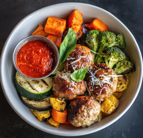 For Pros: Comfort Bowl with Smoky Turkey Meatball, Sweet Potato, Roasted Broccoli, Roasted Carrots, Zucchini, Eggplant, Basil, Parmesan, Roasted Tomato Basil Sauce