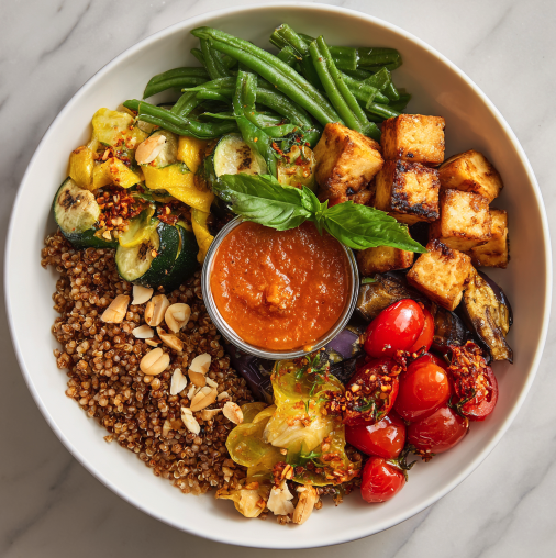 Italian Summer Bowl with Herbed Tofu, Sorghum, Eggplant, Celery, Yellow Squash, String Beans, Cherry Tomatoes, Roasted Red Pepper–Basil Sauce, Pine Nuts, Basil, and Chili Flakes