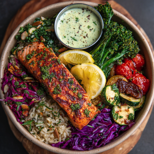 Longevity Bowl with Seared Salmon, Brown Rice, Roasted Zucchini, Broccolini, Roasted Tomatoes, Red Cabbage, Mint, Cilantro, Almonds, Lemon Zest, and a Smoky Nut–Herb Sauce