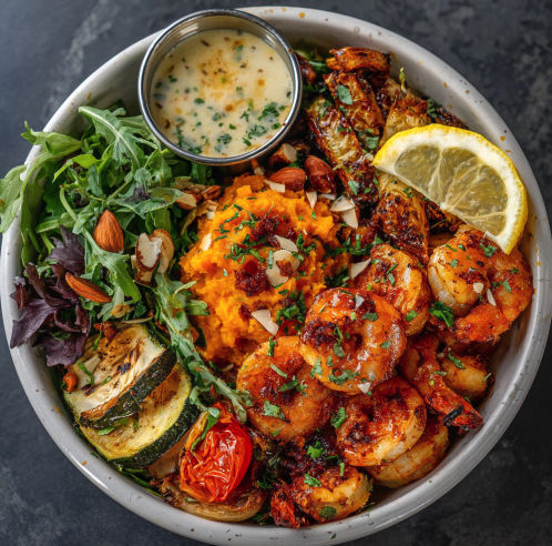 For Pros: Metabolism Boost Bowl with Harissa Citrus Shrimp, Sweet Potato Mash, Zucchini, Roasted Fennel, Arugula, Roasted Tomato, Parsley, Almonds, Preserved Lemon Vinaigrette