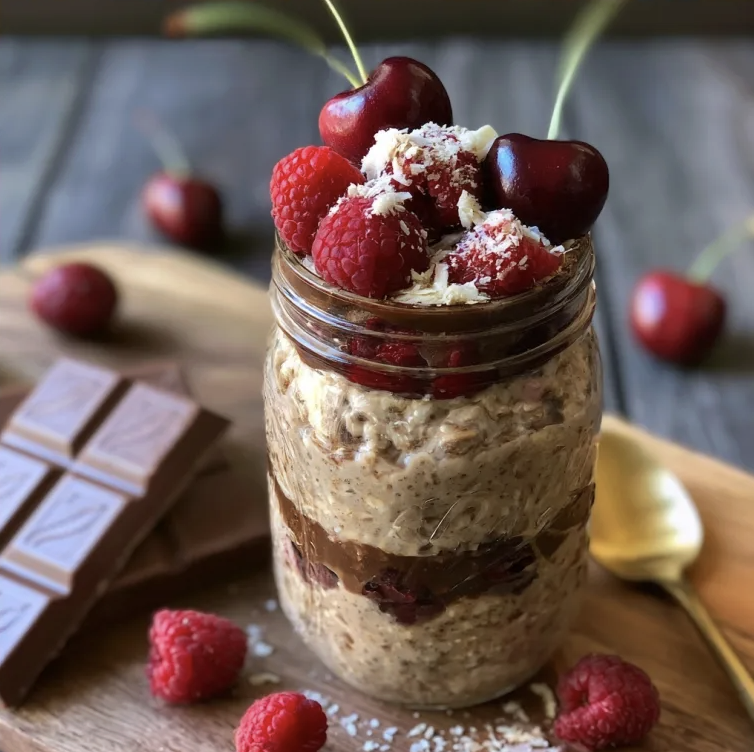 For Pros: Coffee Overnight Oats with Cherries, Raspberries and Chocolate