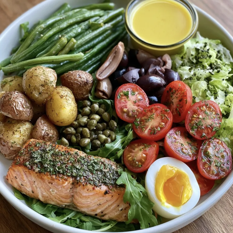 For Pros: Riviera Glow Bowl with Dijon Herb Salmon, Roasted Herb Potatoes, Green Beans, Romaine, Cherry Tomatoes, Arugula, Olives, Capers, Anchovy, Boiled Egg, Herbs, Lemon Dijon Vinaigrette