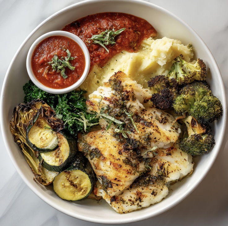 Sorrentina Nourish Bowl with Baked Cod, Herbed Mash Potatoes, Roasted Zucchini, Kale, Roasted Artichoke, Roasted Broccoli Rabe, Olives, Fresh Basil, Tomato Basil Olive Sauce