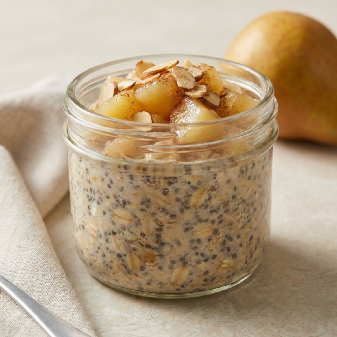 Vanilla Pear & Cardamom Overnight Oats with Greek Yogurt, Sliced Pears, Pear Compote, Toasted Almonds, Cardamom, Cinnamon, Vanilla
