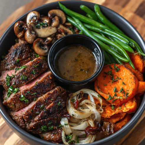 Iron Strength Bowl with Pepper Crusted Steak, Sweet Potato, Green Beans, Carrots, Onion, Mushrooms, Sauteed Shallots, Parsley, Au Poivre Sauce
