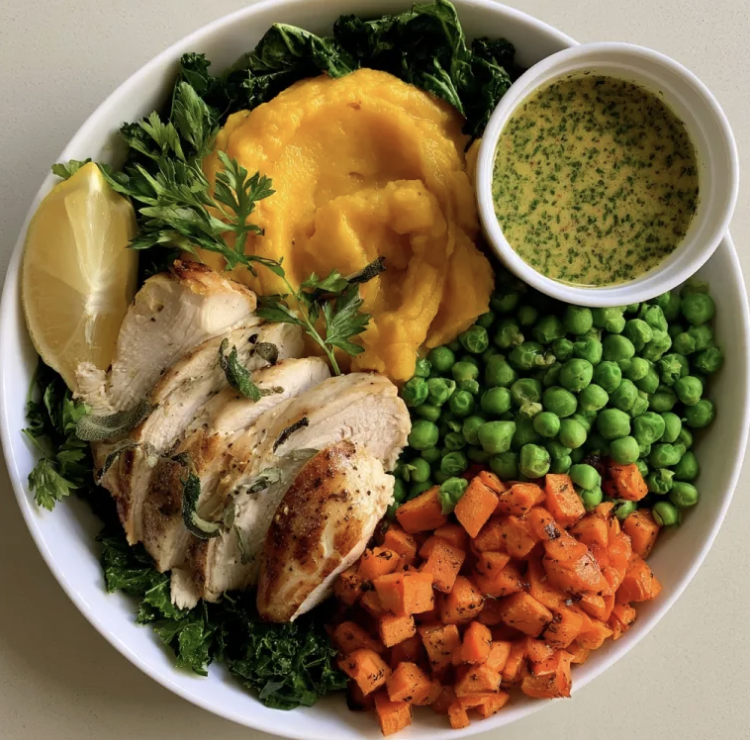 For Pros: Autumn Herb Bowl with Sage & Lemon Chicken, Roasted Butternut Squash Purée, Kale, Green Peas, Carrots, Crispy Chickpeas, Parsley, Lemon, Sage Mustard Sauce
