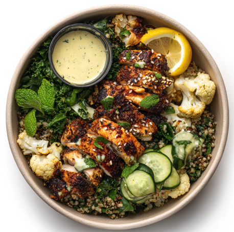 Calm Strength Bowl with Za’atar Chicken, Sorghum, Roasted Cauliflower, Kale, Cucumber, Parsley, Mint, Sesame Seeds, Lemon Tahini Drizzle