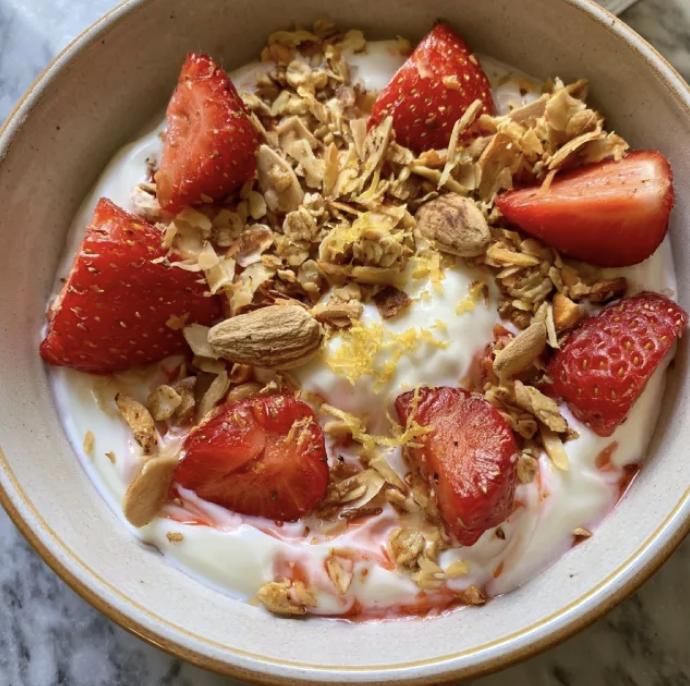 For Pros: Lemon Strawberry Parfait with Fresh Strawberries, Homemade Muesli, Toasted Almonds, Lemon Zest