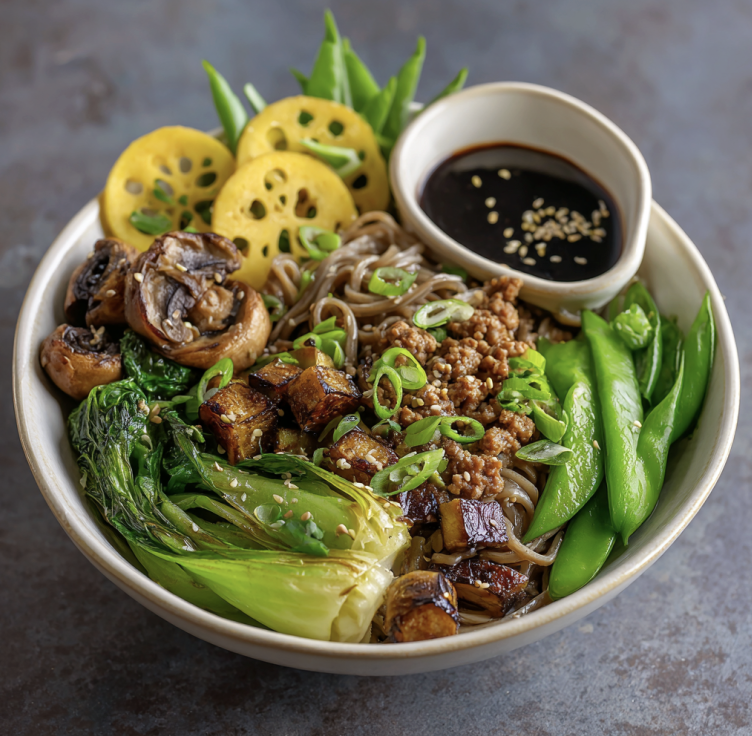 For Pros: Ginger Immunity Bowl with Ground Turkey, Brown Rice Noodles, Chinese Eggplant, Mushrooms, Bok Choy, Snap Peas, Sesame Seeds, Lotus Root, Scallions, Ginger Sesame Sauce