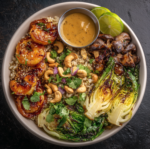 For Pros: Tropical Vitality Bowl with Lemongrass Coconut Shrimp, Brown Rice, Bok Choy, Mushrooms, Napa Cabbage, Roasted Chinese Eggplant, Lime, Cilantro, Cashew, Lemongrass Tamari Dressing