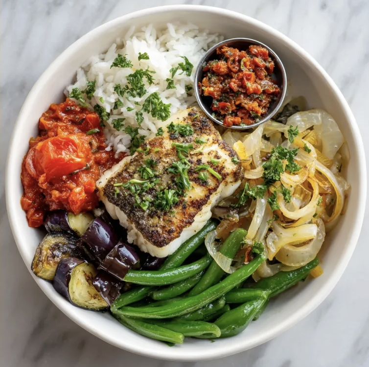 Coastal Vitality Bowl with Mediterranean Barramundi, Tomato Garlic White Rice, Eggplant, Green Beans, Caramelized Onion, Swiss Chard, Roasted Leek, Parsley, Tomato Olive Tapenade