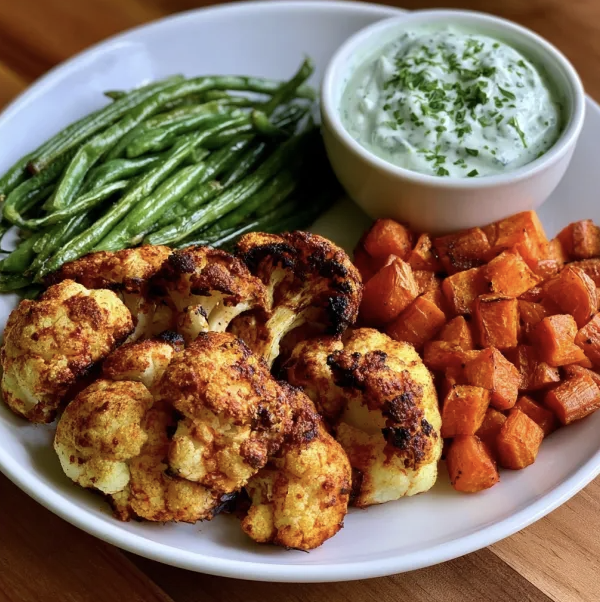 For Pros: Square Fare Plate of Roasted Spiced Cauliflower, Sauteed Green Beans, Roasted Carrots, Mint Yogurt Sauce