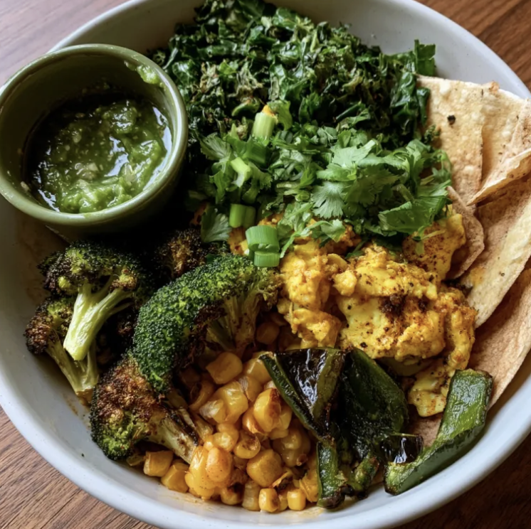 For Pros: Sunrise Taco Bowl with Smoky Scrambled Eggs, Tortillas, Roasted Broccoli, Corn, Kale, Poblano Peppers, Cilantro, Scallion, Salsa Verde