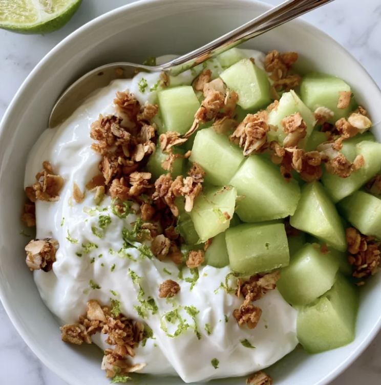Honeydew Lime Greek Yogurt Parfait with Honeydew, Homemade Muesli, Fresh Mint, Lime Zest