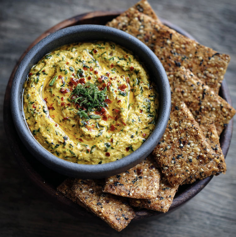 For Pros: High Protein Zucchanoush Dip with Homemade Crackers
