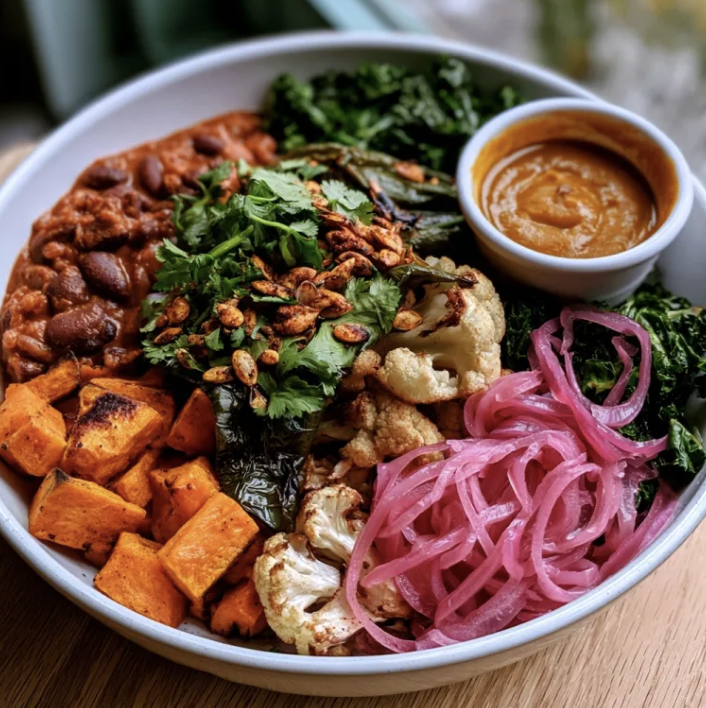 For Pros: Chipotle Vitality Bowl with Smoky Chipotle & Fire-Roasted Tomato Chili, Sweet Potatoes,  Peppers, Cauliflower, Kale, Pickled Onions, Cilantro, Pepitas, Roasted Poblano Pumpkin Sauce