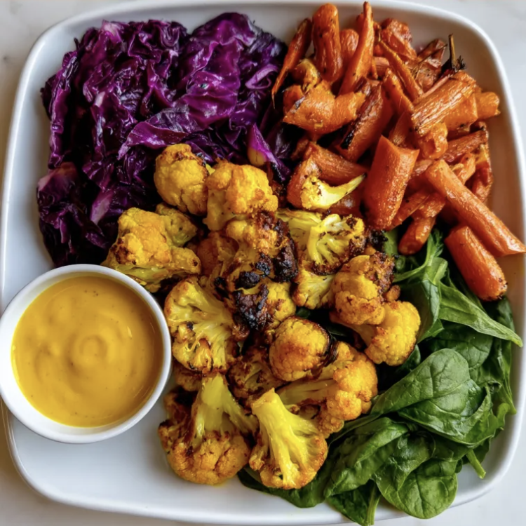 For Pros: Square Fare Plate of Curry Roasted Cauliflower, Roasted Carrots, Steamed Red Cabbage, Fresh Spinach, Coconut Curry Sauce