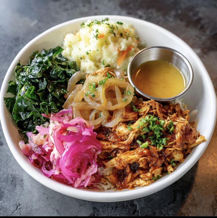 For Pros: Carolina Harvest Bowl with Shredded BBQ Chicken, Herbed Mash Potatoes, Cabbage Carrot Slaw, Collard Greens, Caramelized Onion, Pickled Onions, Light Carolina Gold Sauce
