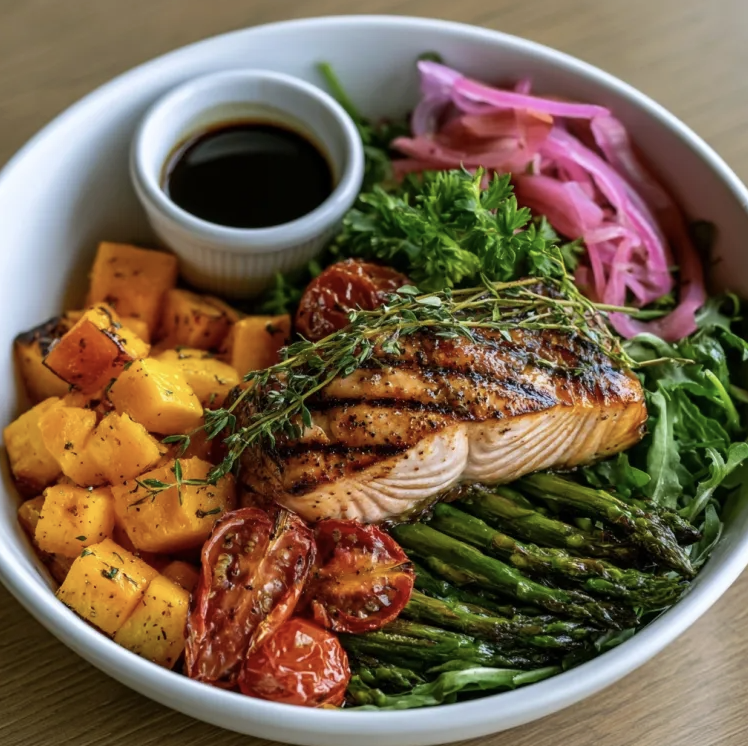 For Pros: Solstice Balance Bowl with Citrus Thyme Salmon, Butternut Squash, Tomato, Asparagus, Arugula, Pickled Onion, Thyme, Parsley, Raspberry Balsamic Vinaigrette