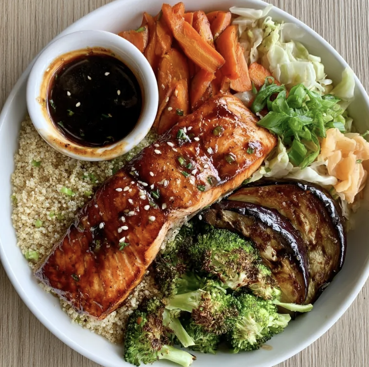 For Pros: Omega Glow Bowl with Sweet Asian BBQ Salmon, Amaranth, Broccoli, Carrots, Japanese Eggplant, Napa Cabbage, Pickled Ginger, Scallions, Sweet Asian BBQ Sauce