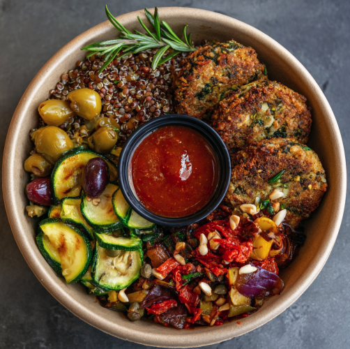 Mediterranean Strength Bowl with Rosemary Bean Patty, Buckwheat, Eggplant, Onion and Tomato Caponata, Zucchini, Capers, Olives, Pine Nuts, Smoked Tomato Sherry Glaze