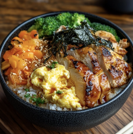 For Pros: Oyako Don with Roasted Chicken, Scrambled Eggs, Carrot, Onion, Broccoli, Pickled Daikon, Seaweed and Rice
