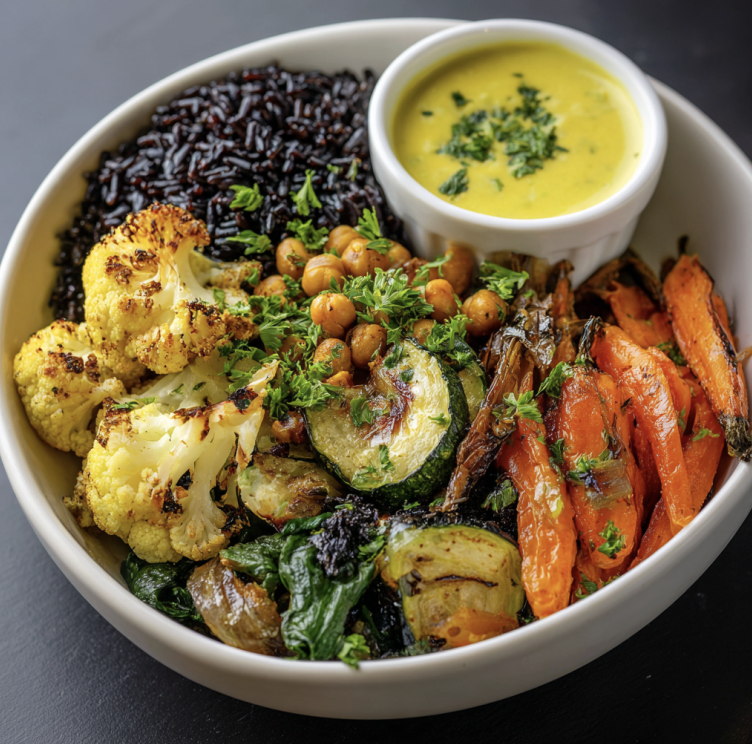 For Pros: Golden Energy Bowl with Turmeric Braised Chickpeas, Black Rice, Cauliflower, Sautéed Spinach, Carrots, Roasted Zucchini Tomato, Fresh Parsley, Light Coconut Turmeric Sauce