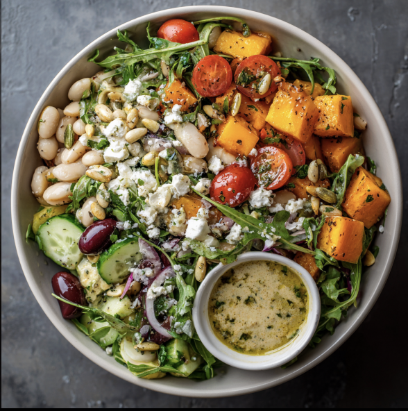 For Pros: Greek Salad Bowl with White Beans, Butternut Squash, Fresh Cucumber, Fresh Tomato, Arugula, Feta, Pine Nuts, Olives, Lemon Herb Tahini
