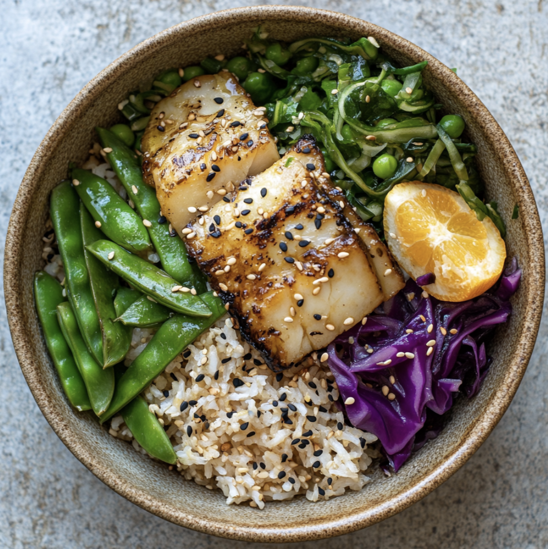 For Orca: Japanese Miso Citrus Bowl with Seared Hake, Snap Peas, Roasted Eggplant, Napa Cabbage, Pickled Daikon, Brown Rice, a Miso Yuzu Sauce, Nori, Scallion Greens, and Sesame Seeds