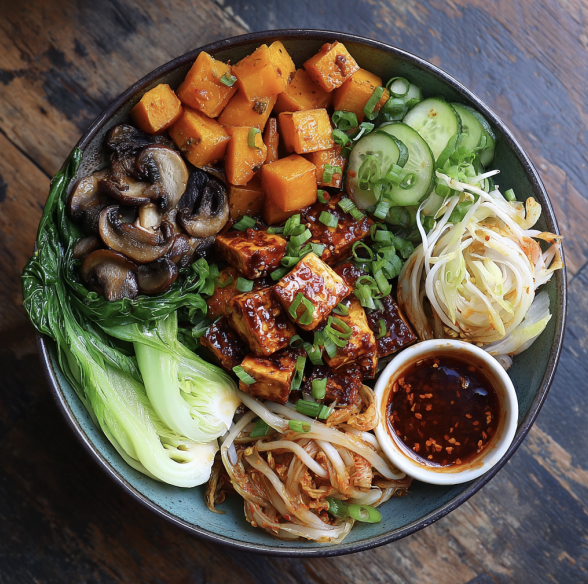 Probiotic Gut Health Bowl with Gochujang Tofu, Butternut Squash, Mushrooms, Bok Choy, Kimchi Cucumbers, Shredded Napa Cabbage, Enoki Mushroom, Scallions, Gochujang Sauce