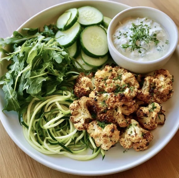 For Pros: Square Fare Plate of Roasted Cauliflower, Sliced Cucumber, Zucchini Noodles, Arugula, Tzatziki Sauce