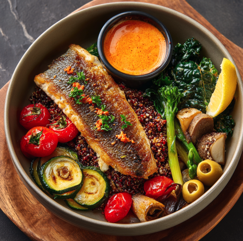 Coastal Glow Bowl with Herby Branzino, Red Quinoa, Zucchini, Asparagus, Kale, Cherry Tomato, Turnip, Sunchokes, Olives, Lemon Wedge, Almond Romesco Sauce