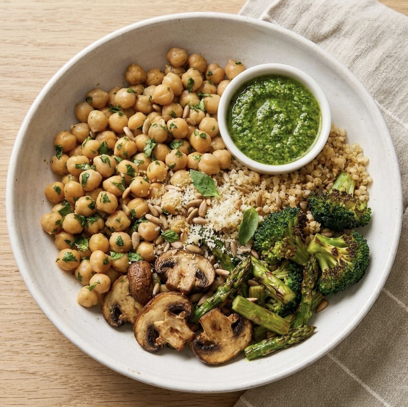 For Pros: Garden Pesto Bowl with Herbed Chickpeas, Quinoa, Roasted Broccoli, Roasted Mushrooms, Roasted Asparagus, Sunflower Seeds, Parmesan, Basil Arugula Pesto