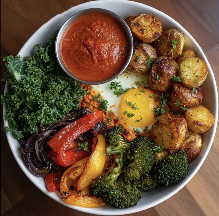For Pros: Red Shakshuka Bowl with Shakshuka Eggs, Roasted Potatoes, Caramelized Onions, Broccoli, Bell Peppers, Kale, Parsley, Shakshuka Sauce