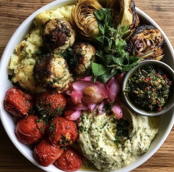 Baba Glow Bowl with Mediterranean Turkey Kofta, Yukon Herb Mash, Tomatoes, Artichokes, Baba Ghanoush, Pickled Shallots, Mint, Green Olive Herb Relish