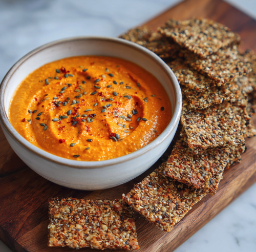 For Pros: High Protein Roasted Carrot & Ginger Dip with Homemade Seed Crackers