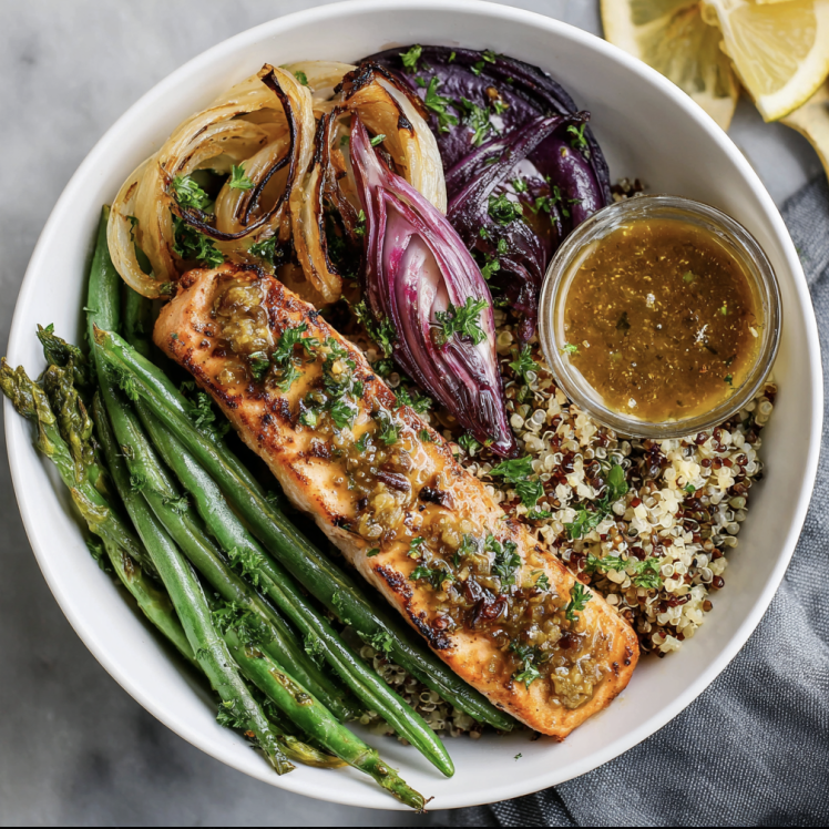 Citrus Balance Bowl with Lemon Herb Salmon, Quinoa, Green Beans, Roasted Asparagus, Roasted Onion, Radicchio, Parsley, Orange Fennel Vinaigrette