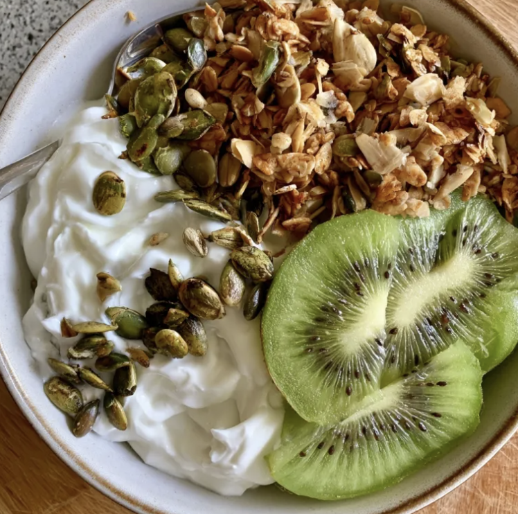 For Pros: Kiwi Parfait with Greek Yogurt, Homemade Muesli, Fresh Kiwi, Toasted Pumpkin Seeds