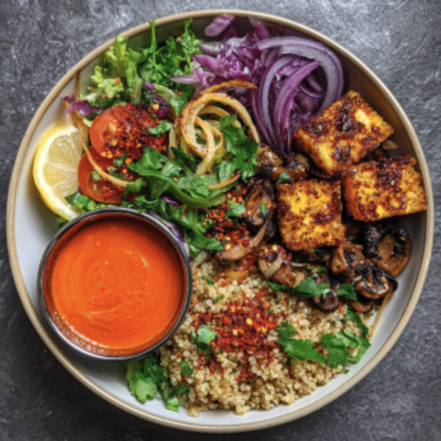 Detox Renewal Bowl with Tamari Tofu, Quinoa, Parsnips, Tomato, Shiitake Mushrooms, Frisée, Roasted Red Onion, Tomato–Ginger Sauce, Chopped Cilantro, Lemon Wedge, Aleppo Chili Flakes
